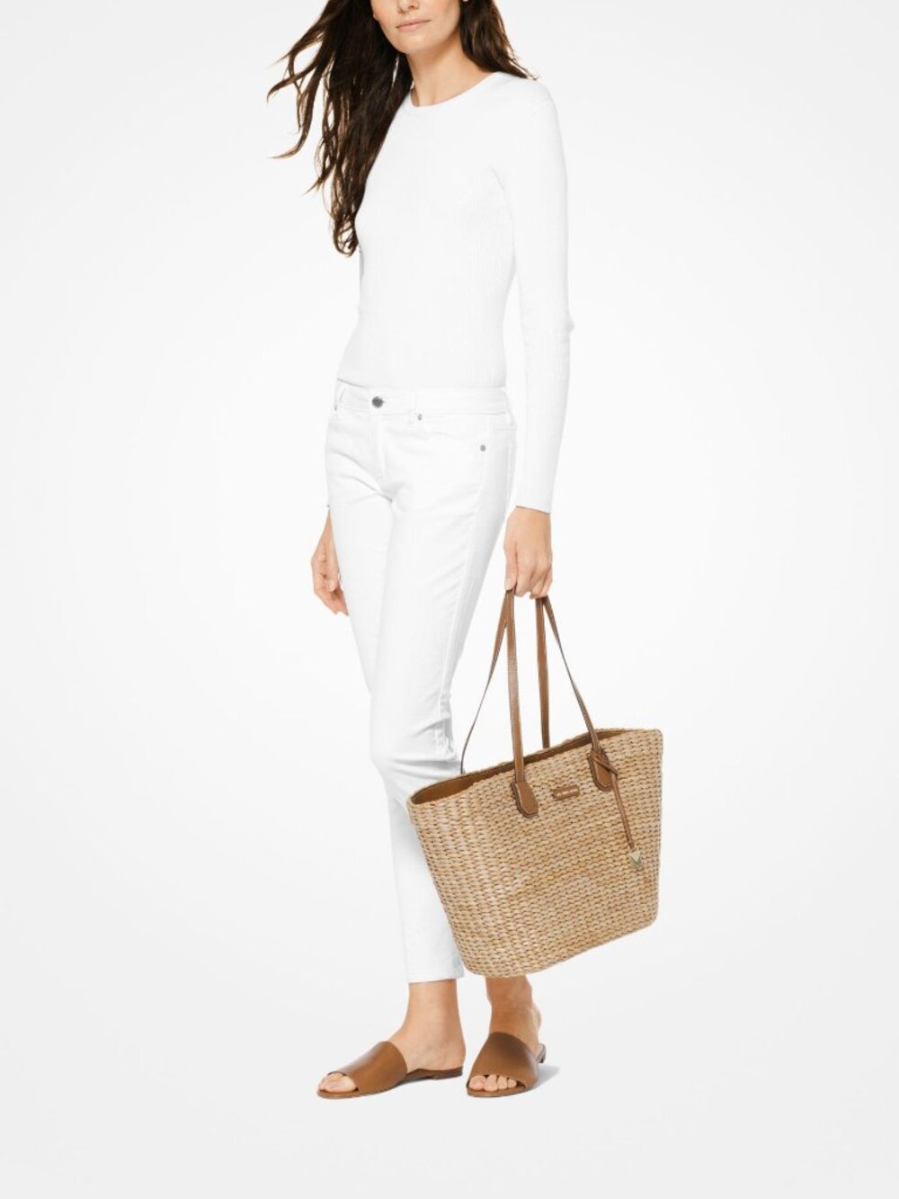 MICHAEL KORS MALIBU Large Woven Straw Tote Bag Beach Travel Brown Leather